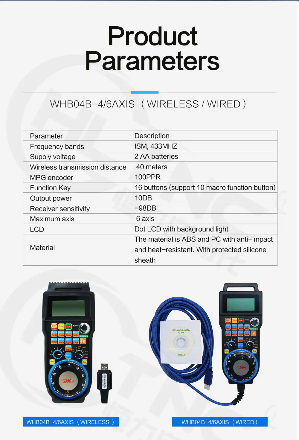 【 US/EU】XHC LHB04B/WHB04B CNC Mach3 Handwheel Wireless MPG Hanging Handwheel for Milling Machine 4/6 Axis Mach3 Controller