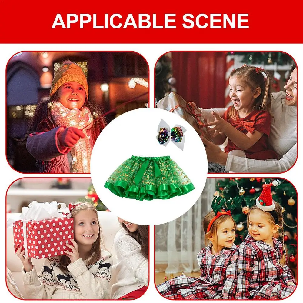 Christmas Skirt Girls Red Holiday Cosplay Costume Christmas Cosplay Dress Printed With Cartoon Elk And Christmas Trees With Hair