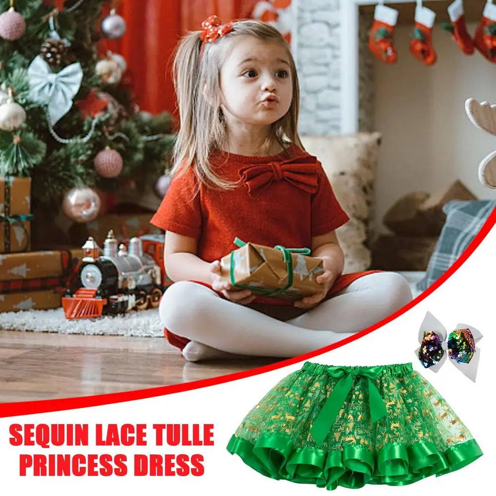 Christmas Skirt Girls Red Holiday Cosplay Costume Christmas Cosplay Dress Printed With Cartoon Elk And Christmas Trees With Hair