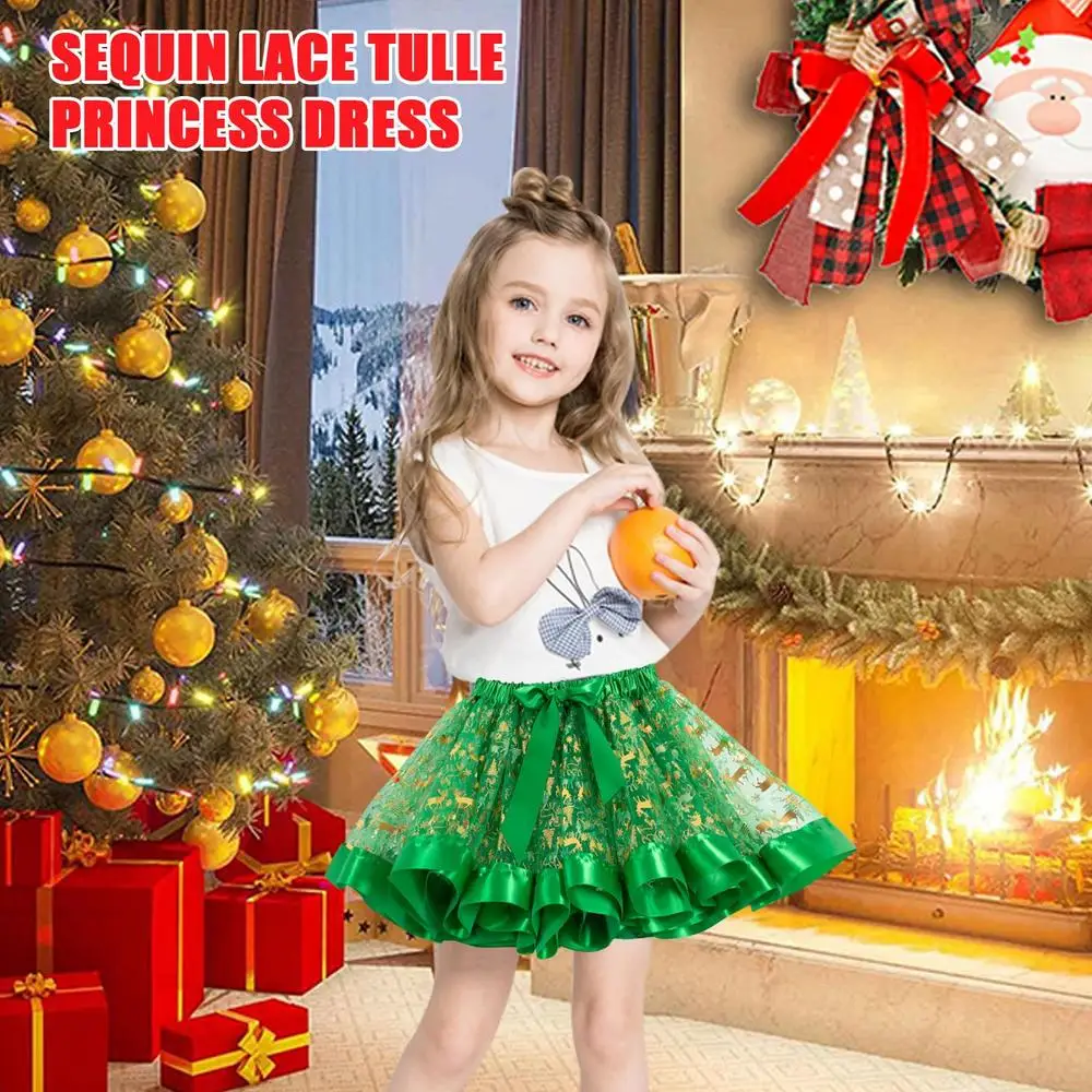 Christmas Skirt Girls Red Holiday Cosplay Costume Christmas Cosplay Dress Printed With Cartoon Elk And Christmas Trees With Hair