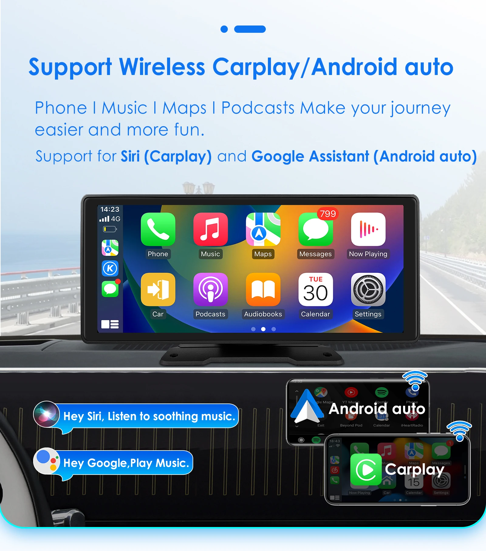 Hizpo Rotatable Adjustable Monitor Universal Car Radio Multimedia Video Player Wireless Carplay Wireless Android Auto FM BT AUX