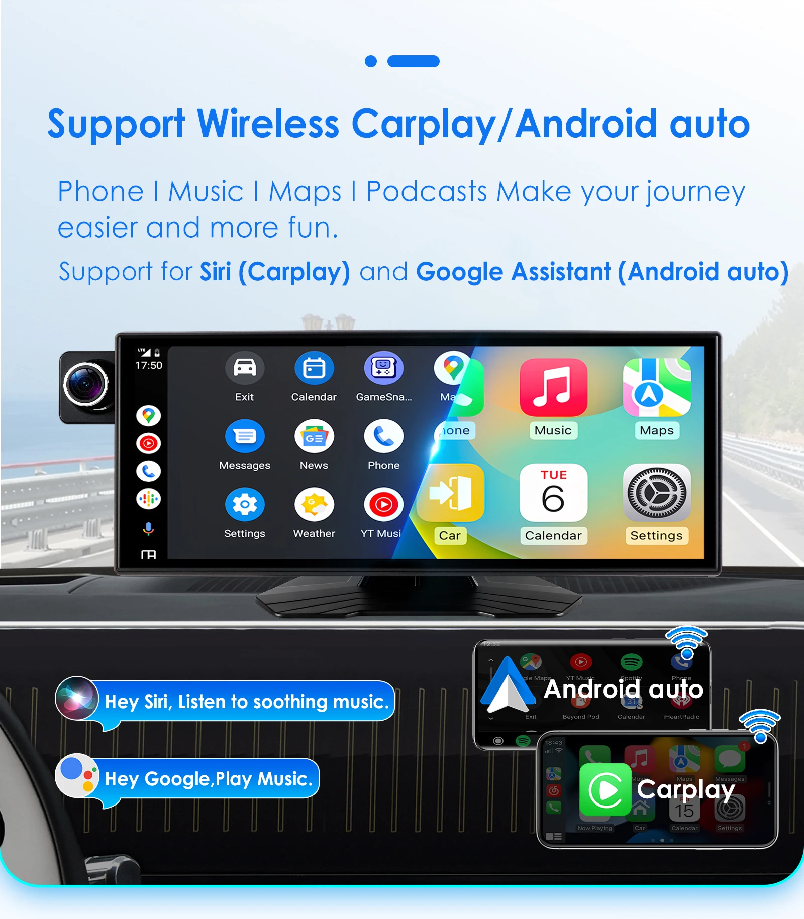 Hizpo Rotatable Adjustable Monitor Universal Car Radio Multimedia Video Player Wireless Carplay Wireless Android Auto FM BT AUX