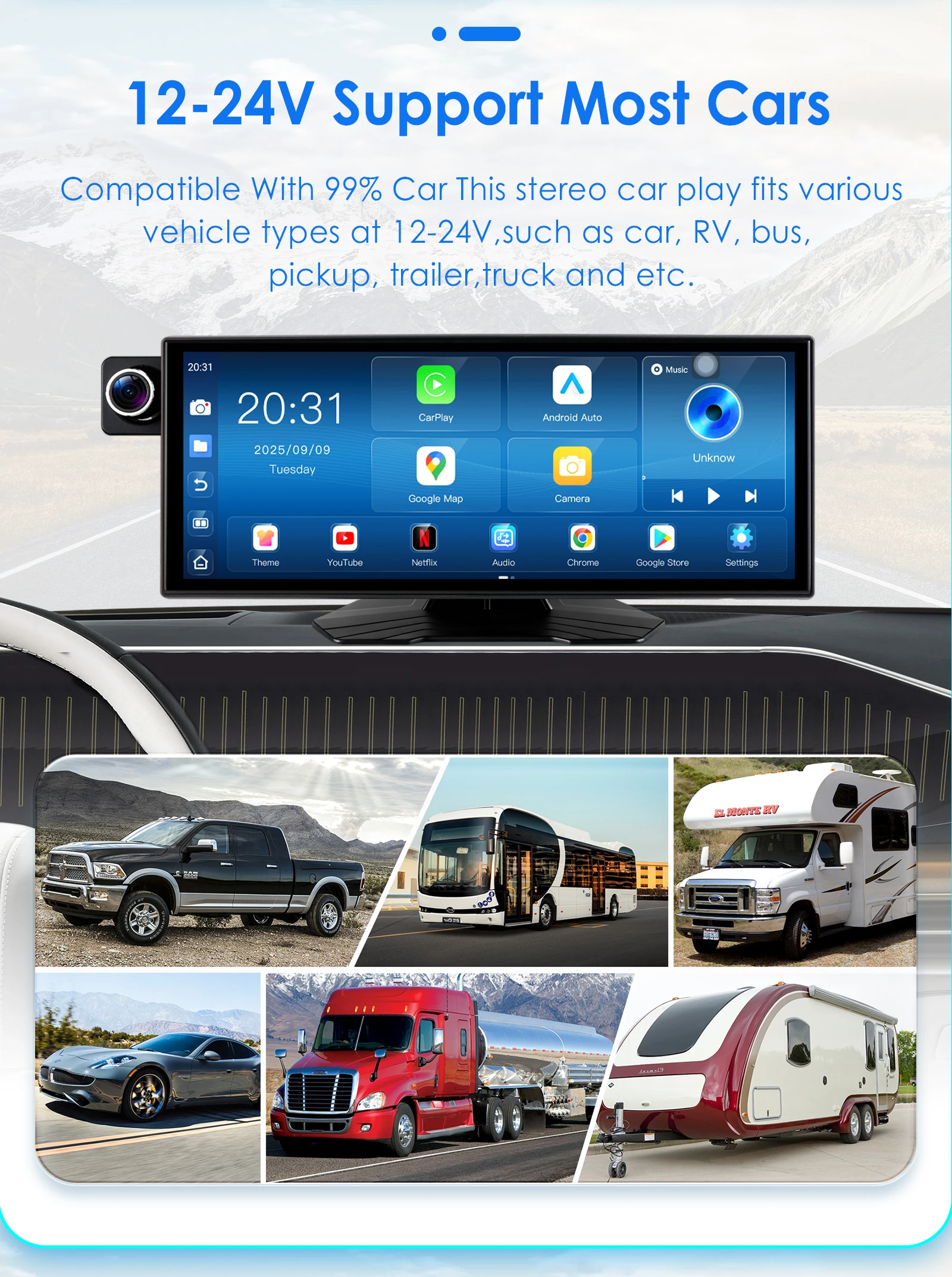 Hizpo Rotatable Adjustable Monitor Universal Car Radio Multimedia Video Player Wireless Carplay Wireless Android Auto FM BT AUX
