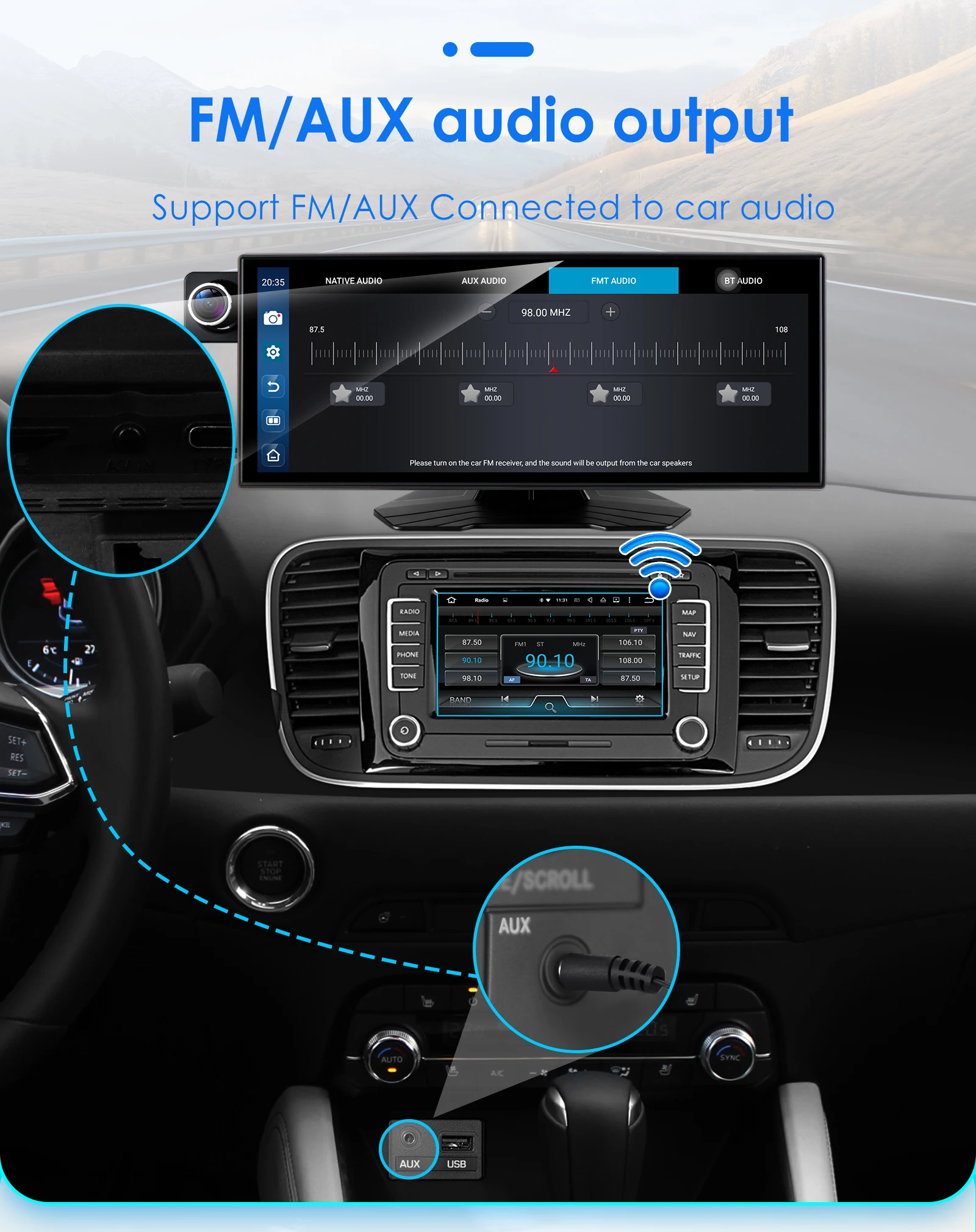 Hizpo Rotatable Adjustable Monitor Universal Car Radio Multimedia Video Player Wireless Carplay Wireless Android Auto FM BT AUX