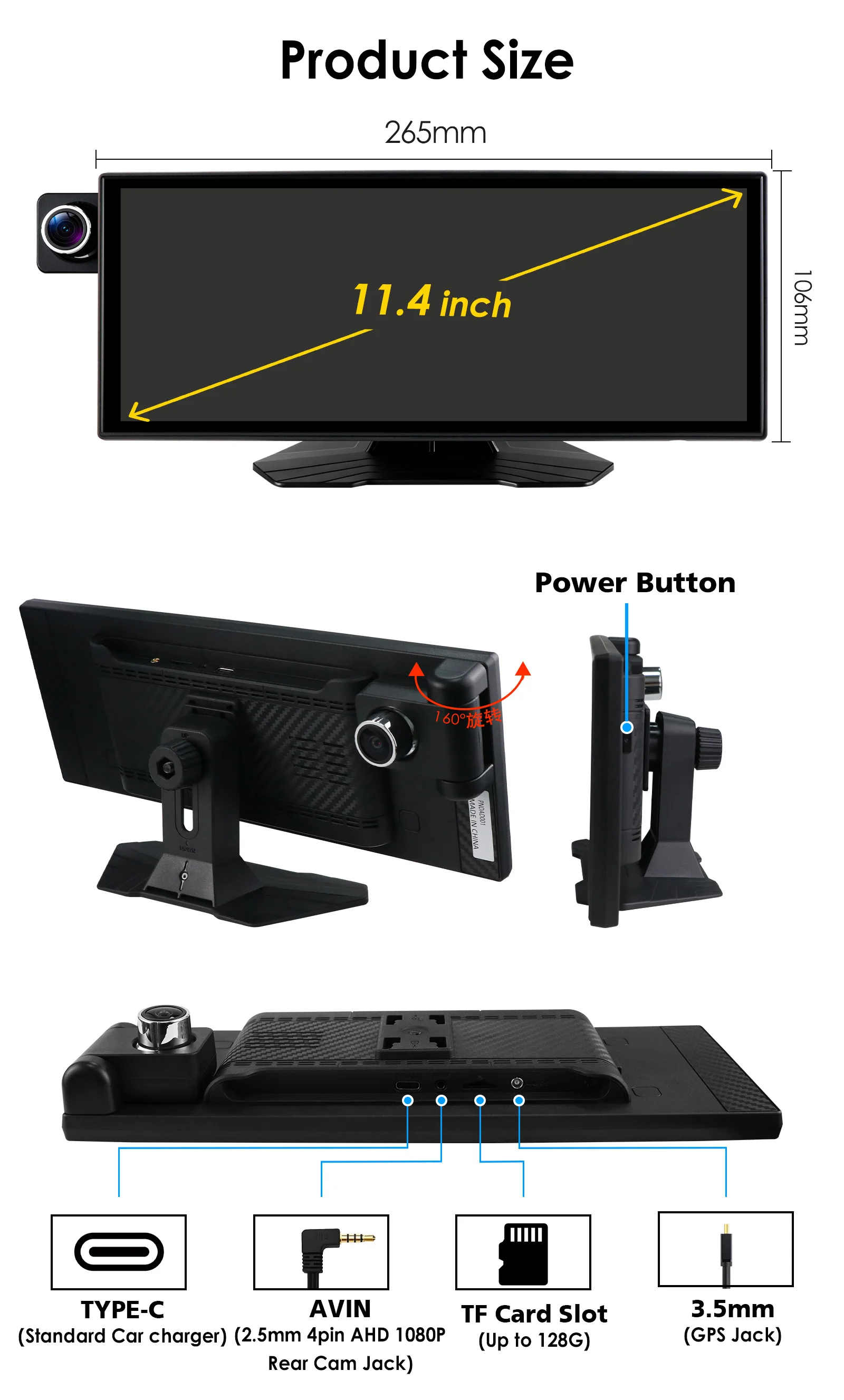 Hizpo Rotatable Adjustable Monitor Universal Car Radio Multimedia Video Player Wireless Carplay Wireless Android Auto FM BT AUX