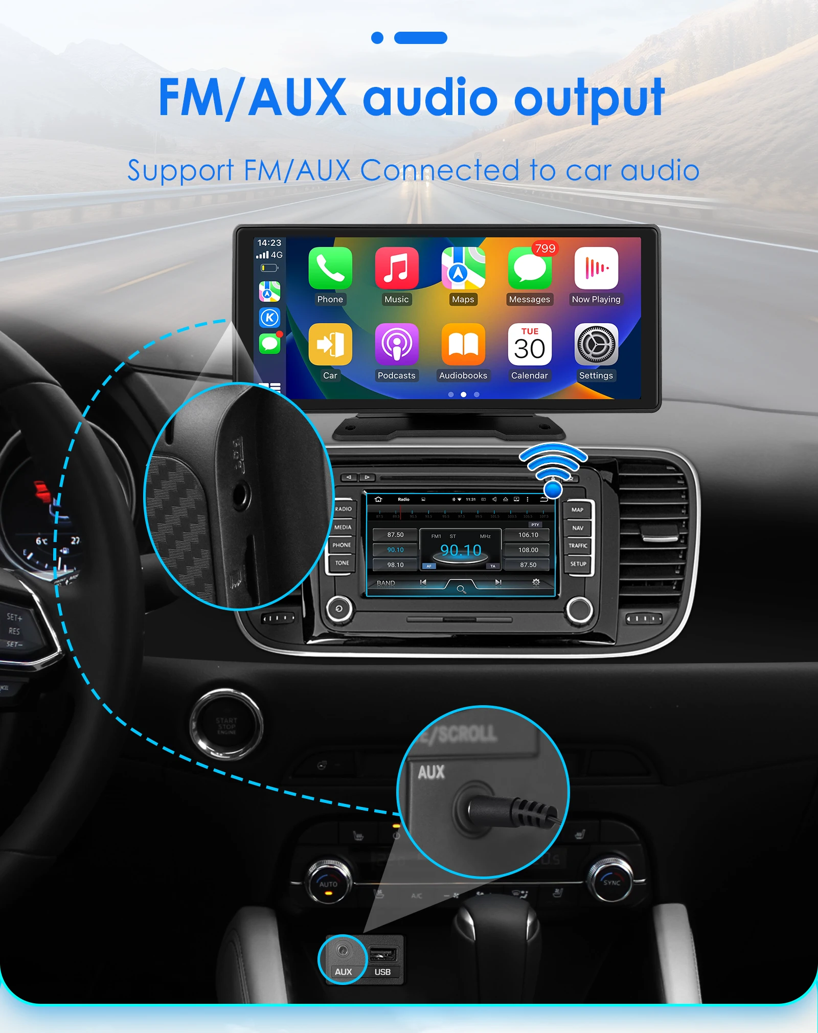 Hizpo Rotatable Adjustable Monitor Universal Car Radio Multimedia Video Player Wireless Carplay Wireless Android Auto FM BT AUX