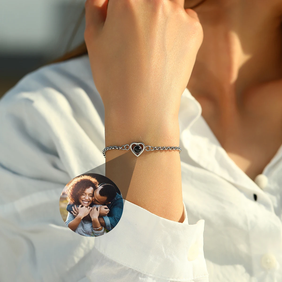 Personalized Custom Projection Photo Bracelet For Women Men Couple Stainless Heart Bracelet Memorial Valentines Day Gift Jewelry