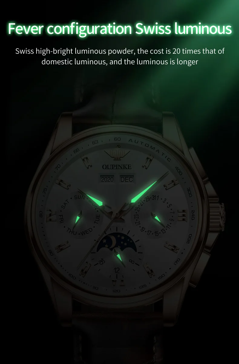 OUPINKE 3189 Men's Watch Top Luxury Brand Automatic Mechanical Watch Fashion Leather Waterproof Sapphire Mirror Moon Men's Watch