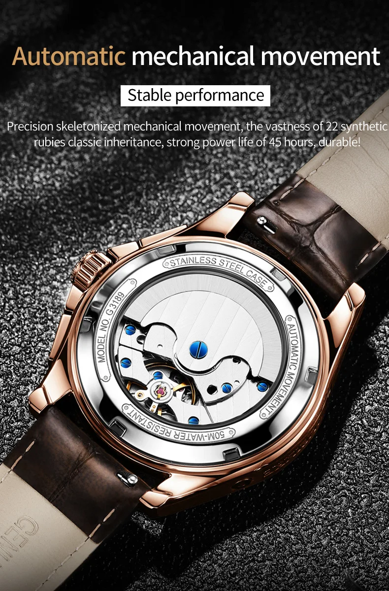 OUPINKE 3189 Men's Watch Top Luxury Brand Automatic Mechanical Watch Fashion Leather Waterproof Sapphire Mirror Moon Men's Watch