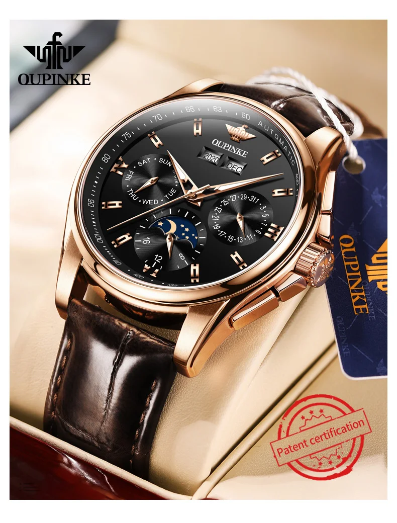 OUPINKE 3189 Men's Watch Top Luxury Brand Automatic Mechanical Watch Fashion Leather Waterproof Sapphire Mirror Moon Men's Watch