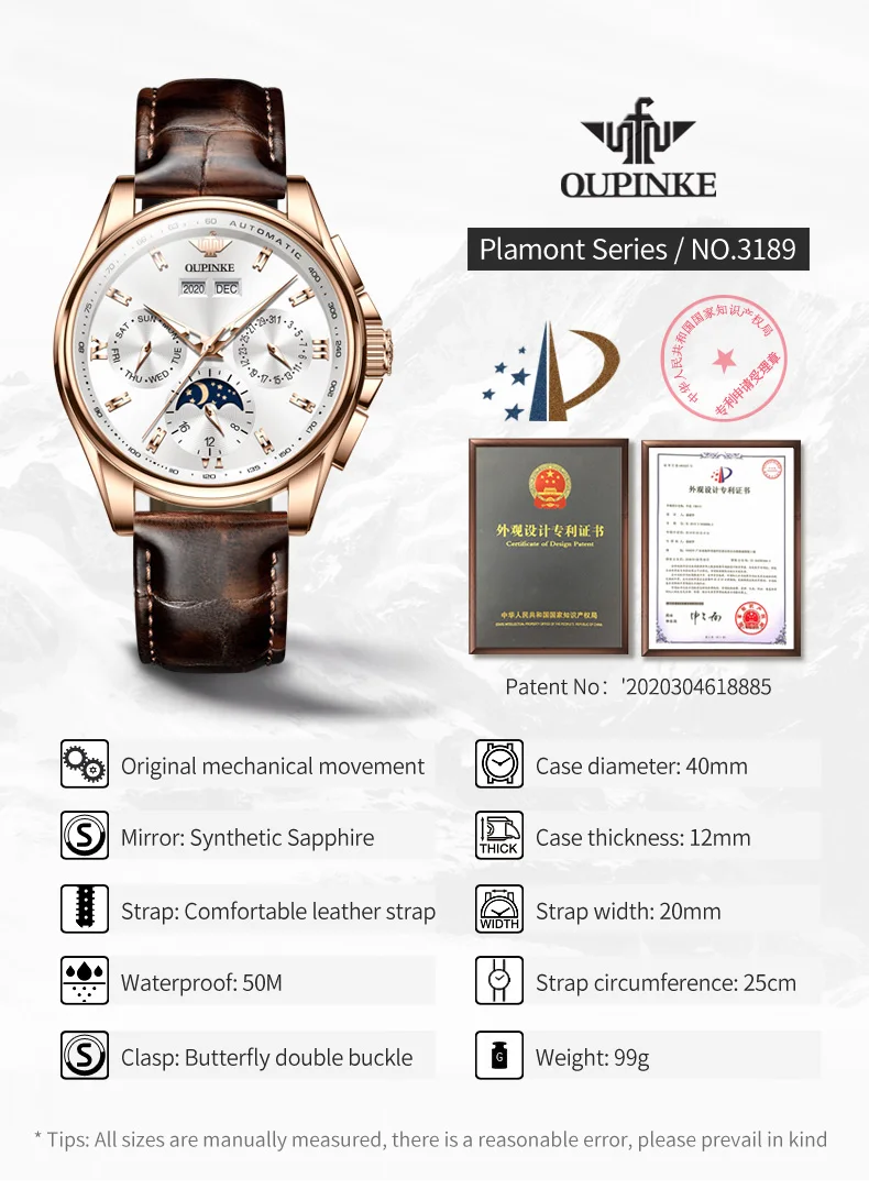 OUPINKE 3189 Men's Watch Top Luxury Brand Automatic Mechanical Watch Fashion Leather Waterproof Sapphire Mirror Moon Men's Watch