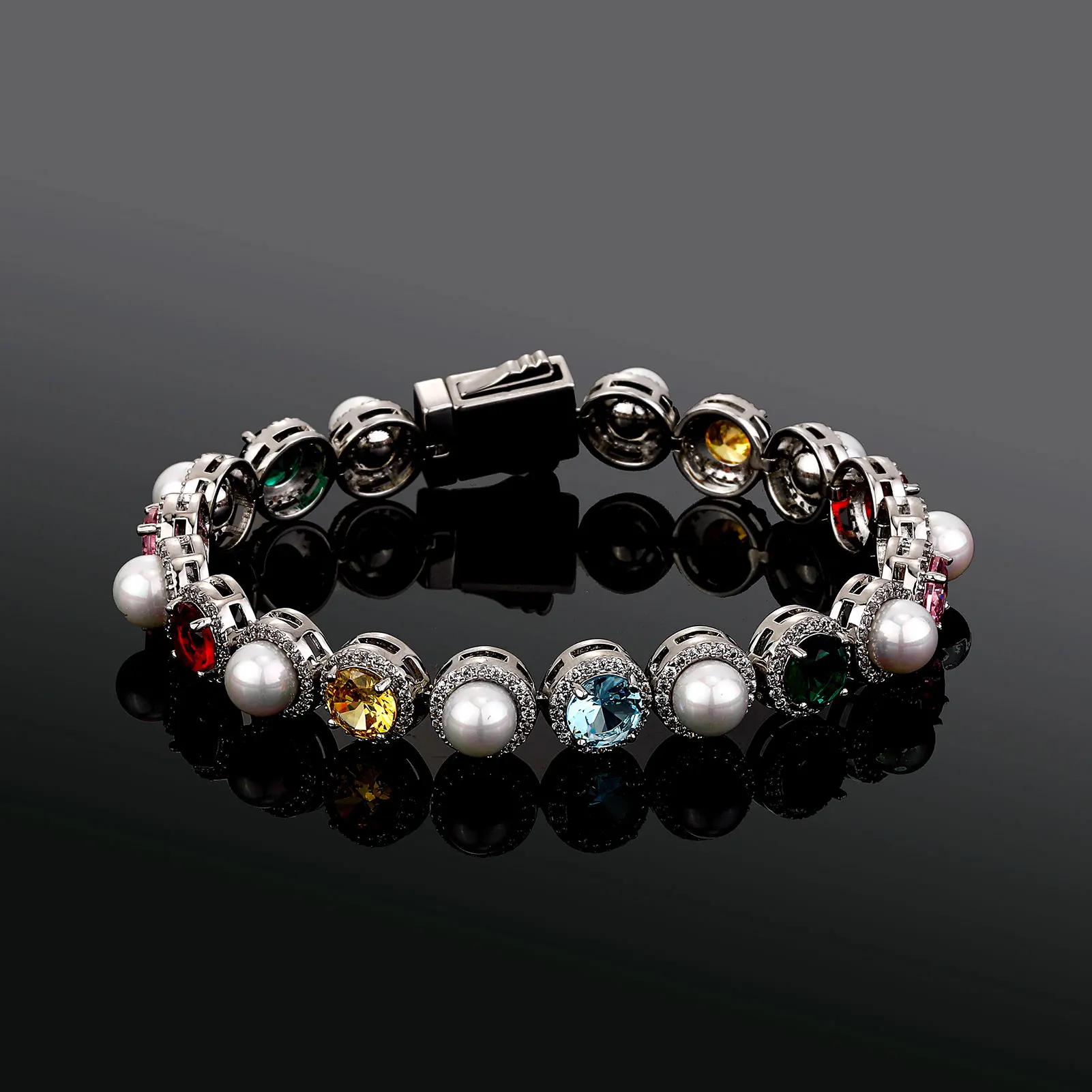 JINAO New 10MM Round Pearl Large Colourful CZ Stone Iced Out Bracelet Link Spring Clasp Hip Hop style Chain Men Jewelry For Gift