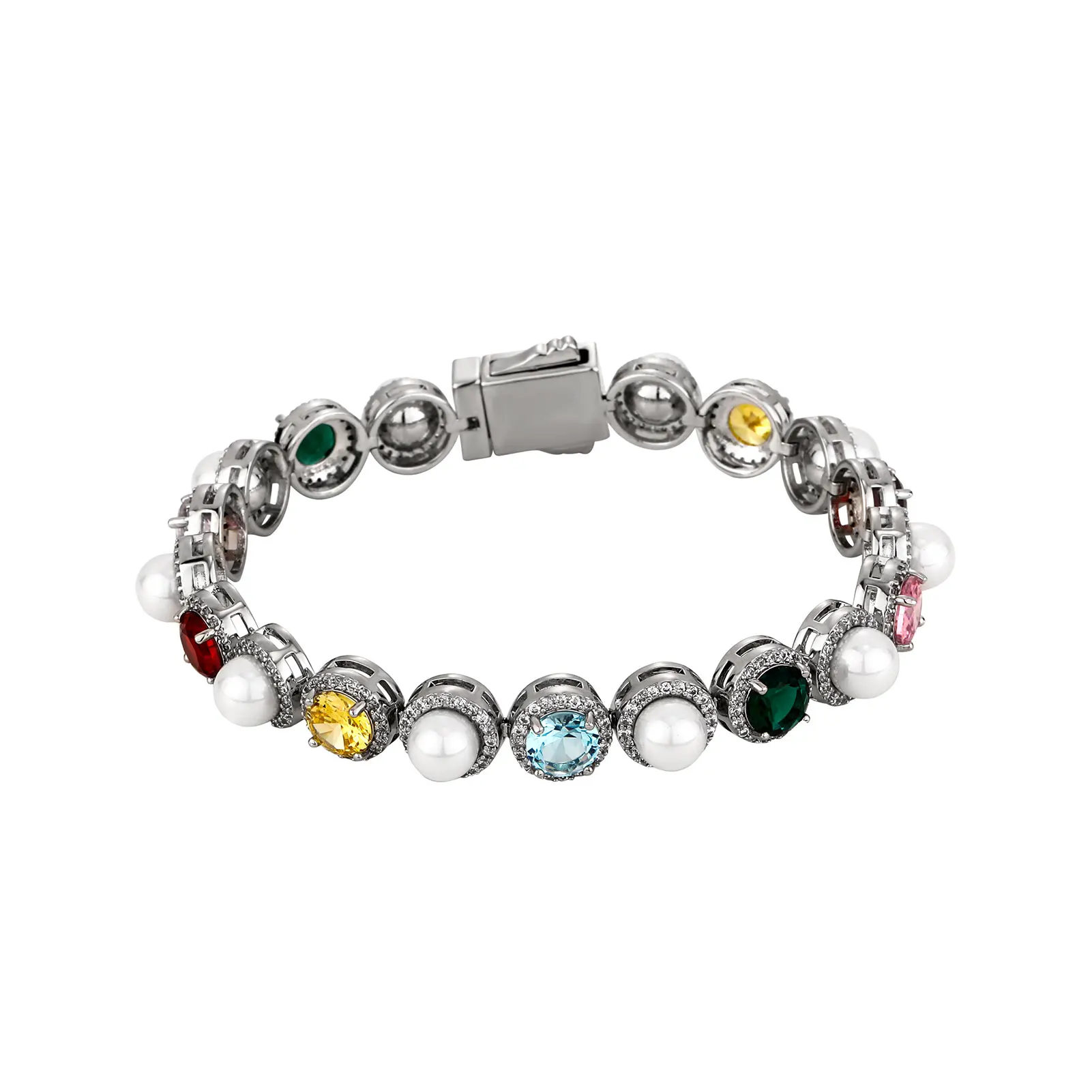 JINAO New 10MM Round Pearl Large Colourful CZ Stone Iced Out Bracelet Link Spring Clasp Hip Hop style Chain Men Jewelry For Gift