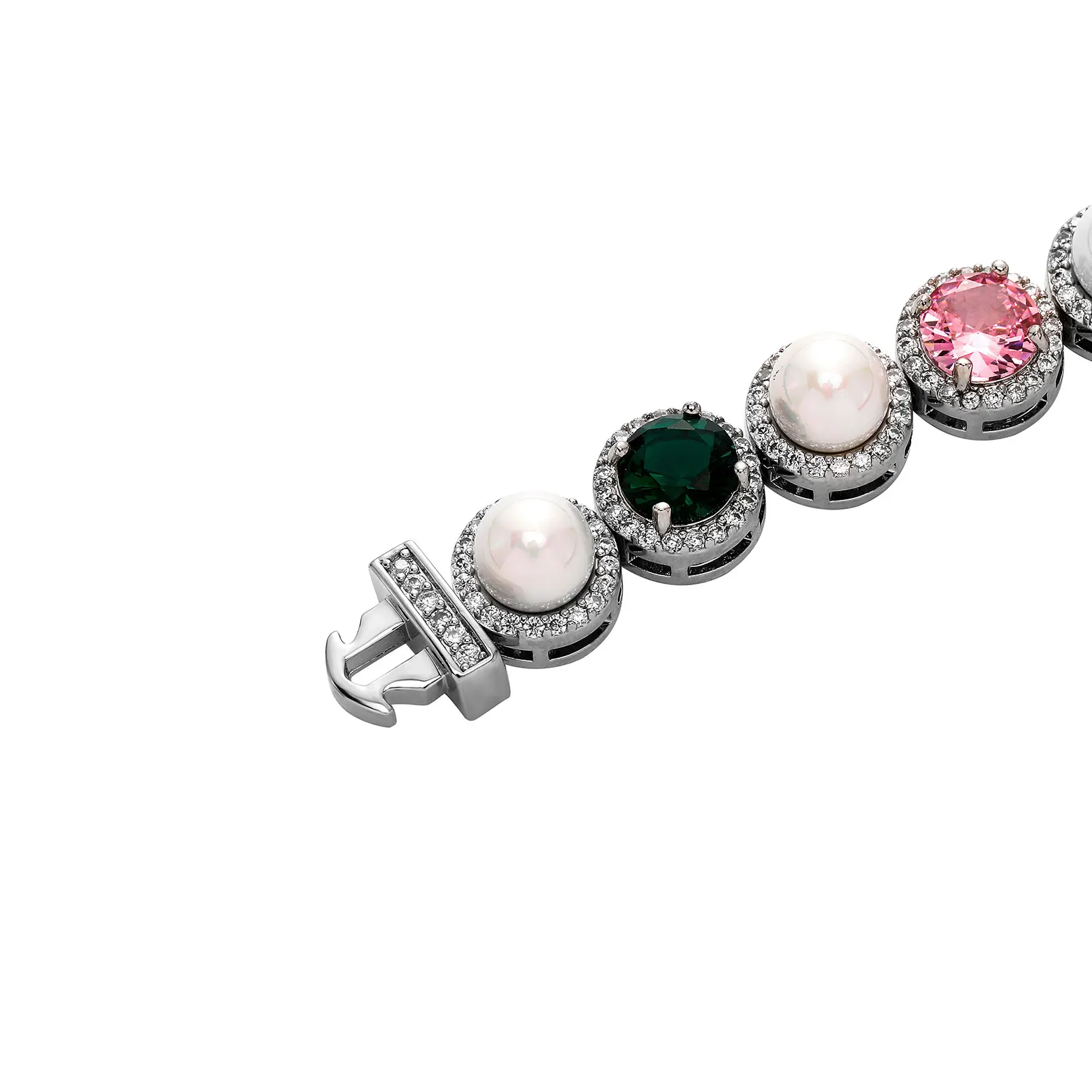 JINAO New 10MM Round Pearl Large Colourful CZ Stone Iced Out Bracelet Link Spring Clasp Hip Hop style Chain Men Jewelry For Gift