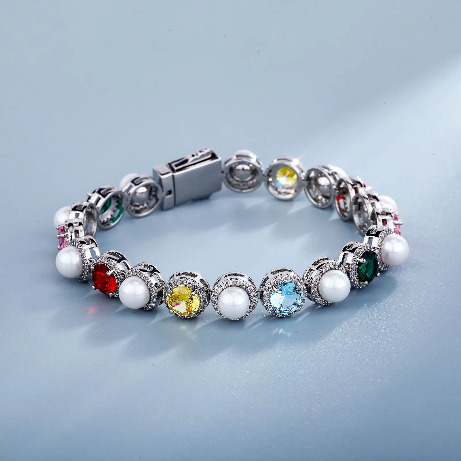 JINAO New 10MM Round Pearl Large Colourful CZ Stone Iced Out Bracelet Link Spring Clasp Hip Hop style Chain Men Jewelry For Gift