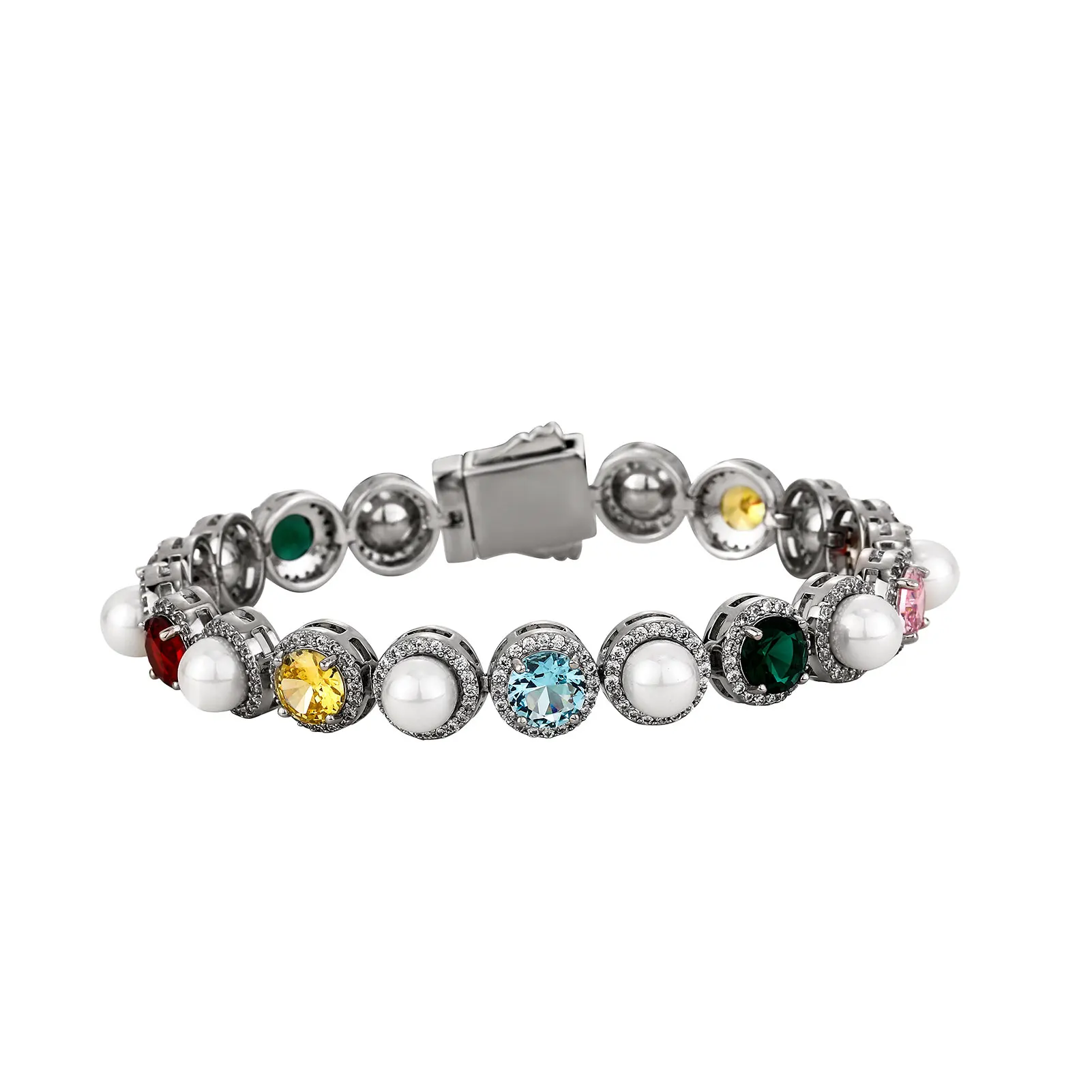 JINAO New 10MM Round Pearl Large Colourful CZ Stone Iced Out Bracelet Link Spring Clasp Hip Hop style Chain Men Jewelry For Gift