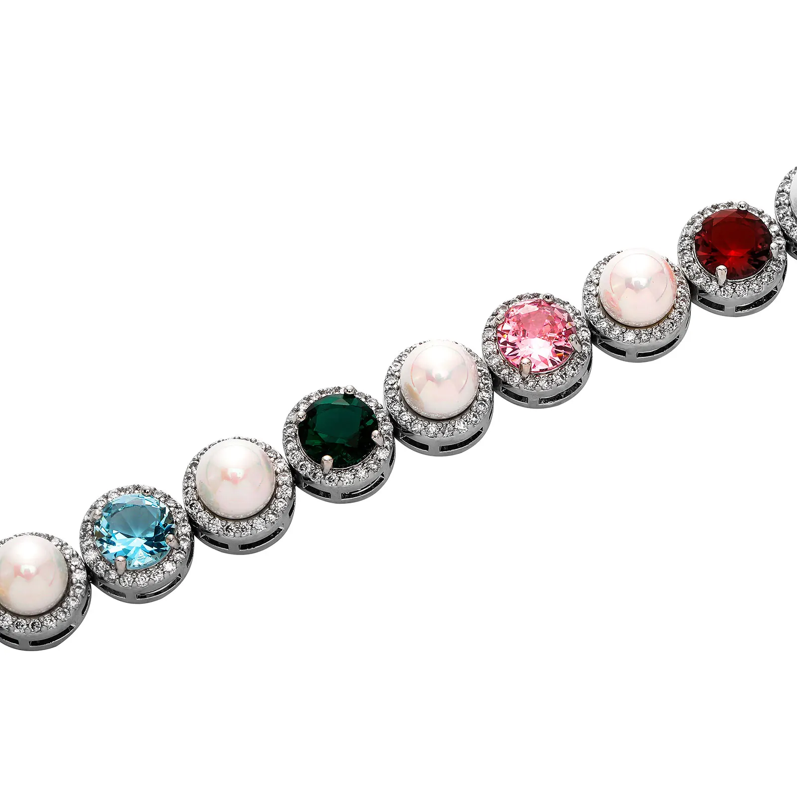 JINAO New 10MM Round Pearl Large Colourful CZ Stone Iced Out Bracelet Link Spring Clasp Hip Hop style Chain Men Jewelry For Gift