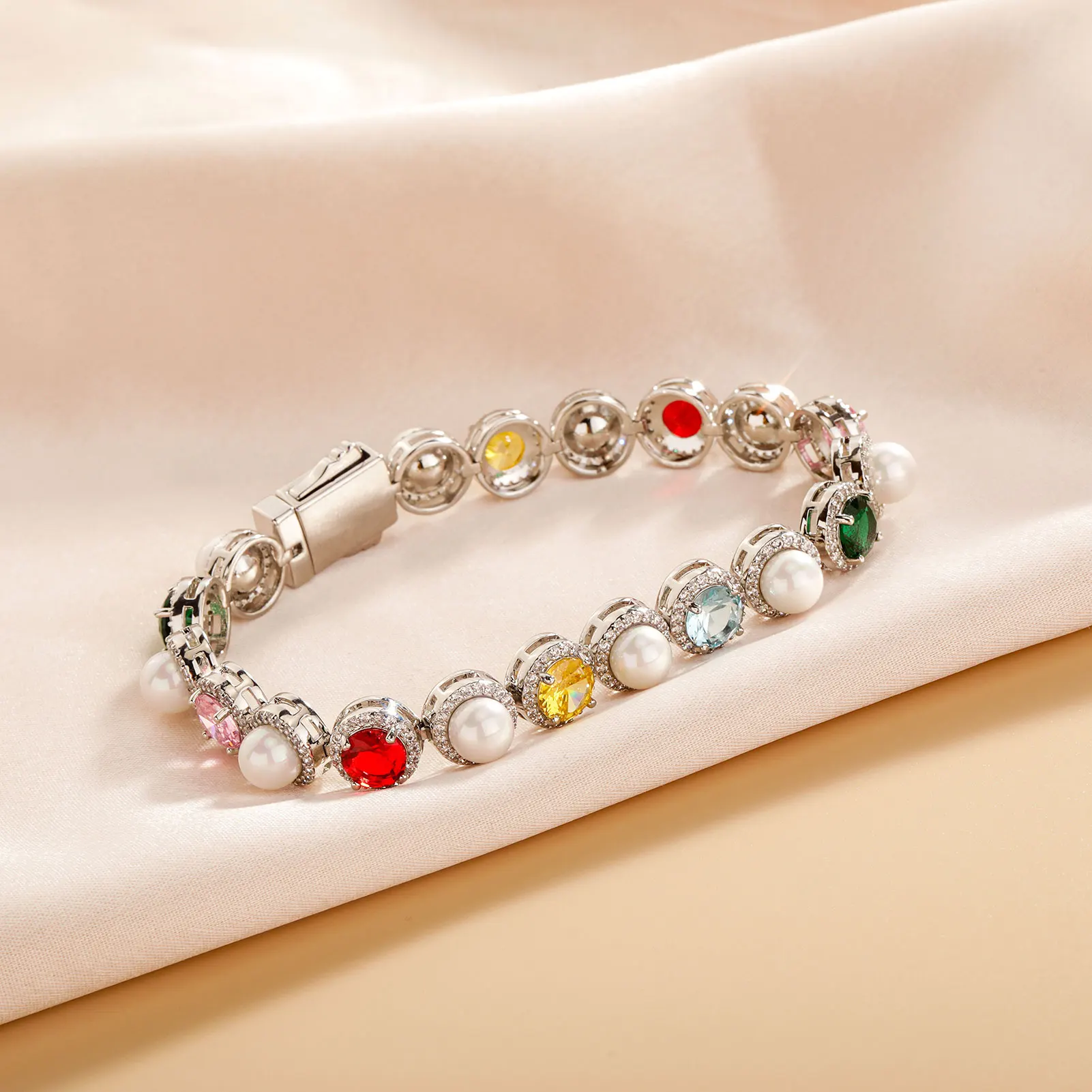 JINAO New 10MM Round Pearl Large Colourful CZ Stone Iced Out Bracelet Link Spring Clasp Hip Hop style Chain Men Jewelry For Gift