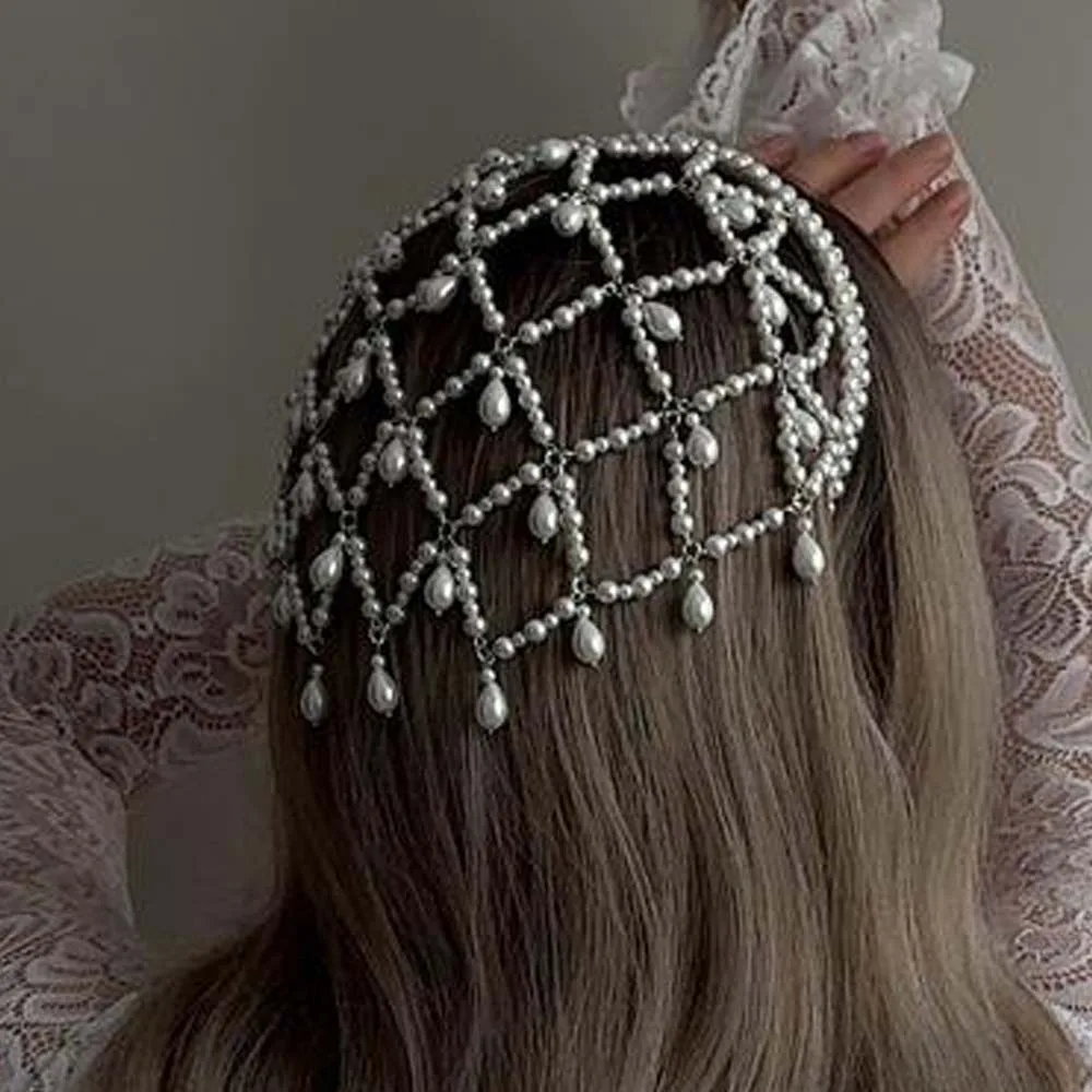 Stonefans Grid Pendant Headdress Costume Women Carnival Headband 1920s Pearl Hair Bohemian Fashion Vintage Headwear Accessories