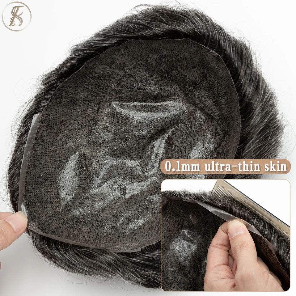 TESS Toupee Men 0.1mm PU Base Wig Man 75g Natural Hair Wig 100% Male Replacement System Prothesis Invisible Brazil Hairpiece