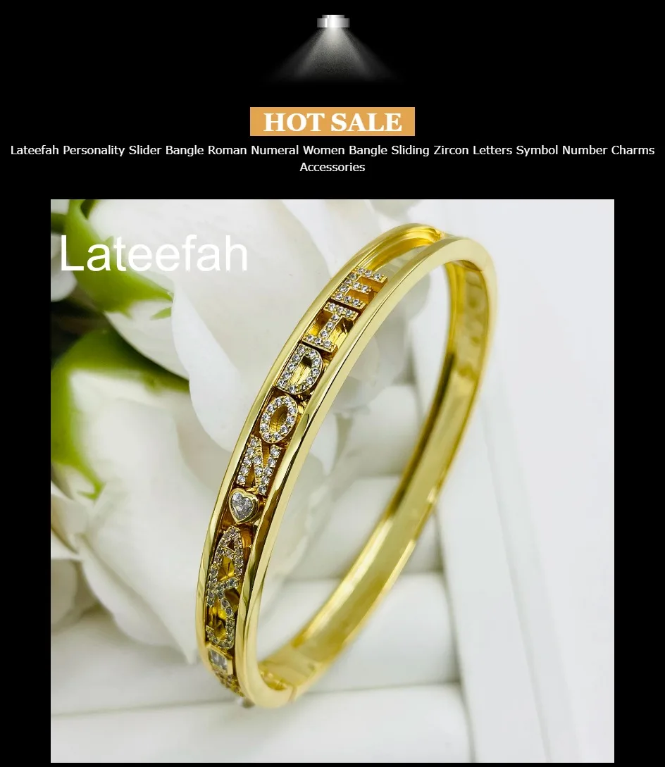 Lateefah Personality Slider Bangle Roman Numeral Women Bangle Sliding Zircon Letters Symbol Number Charms Accessories
