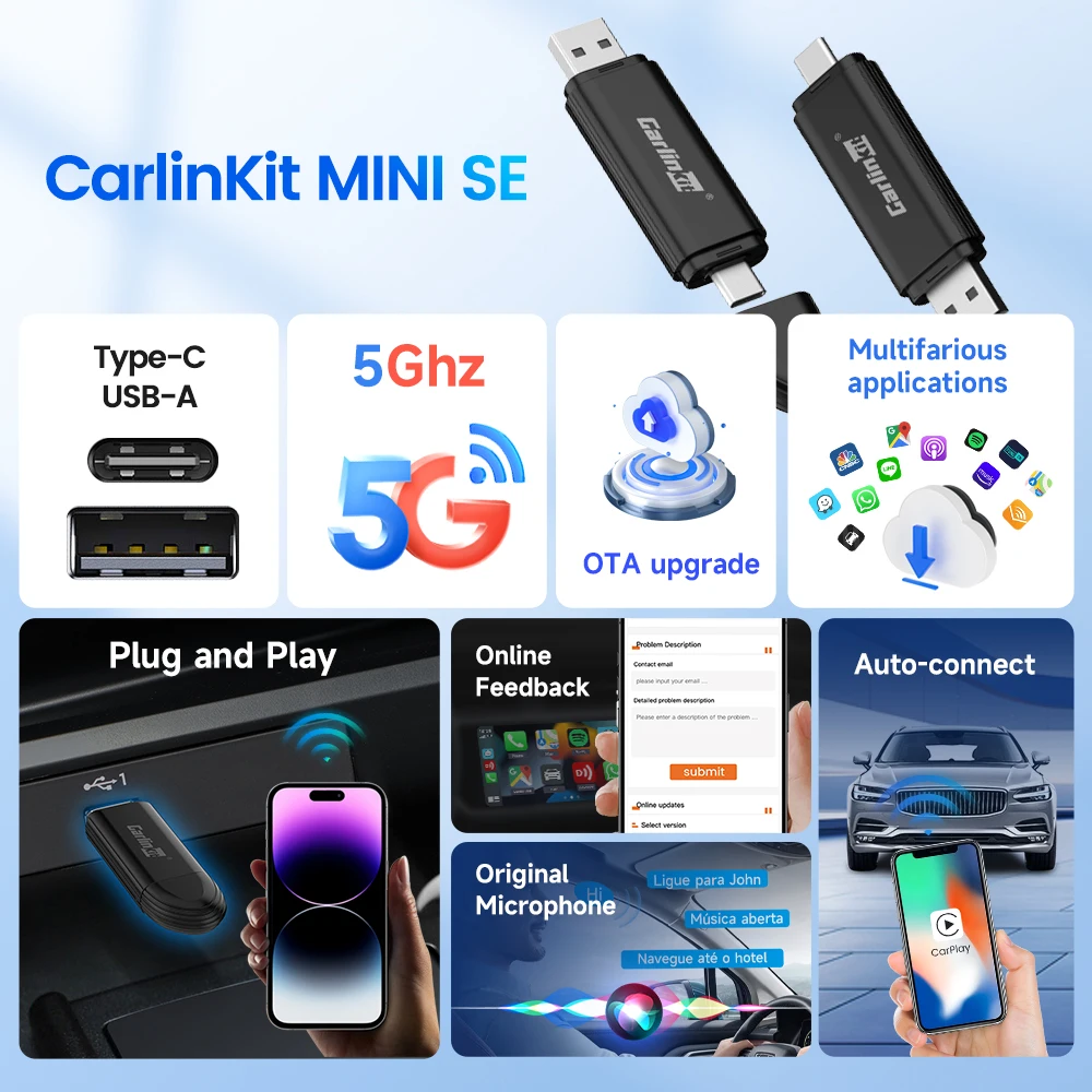 Carlinkit Wireless Carplay Adapter Non-Inductive Connection Wired To Wireless Car Play USB Dongle Nissan Benz Audi Mazda Peugeot