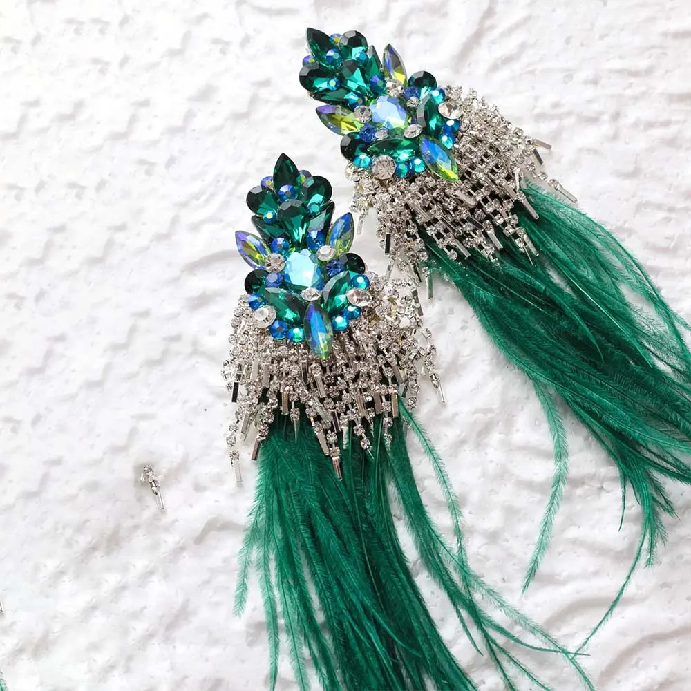 Stonefans Green Feather Exaggerated Tassel Earrings Accessories Vintage Women Statement Jewelry Holiday Party Gifts Wholesale