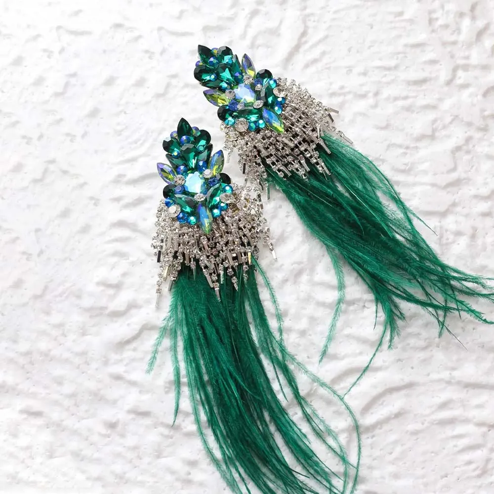 Stonefans Green Feather Exaggerated Tassel Earrings Accessories Vintage Women Statement Jewelry Holiday Party Gifts Wholesale