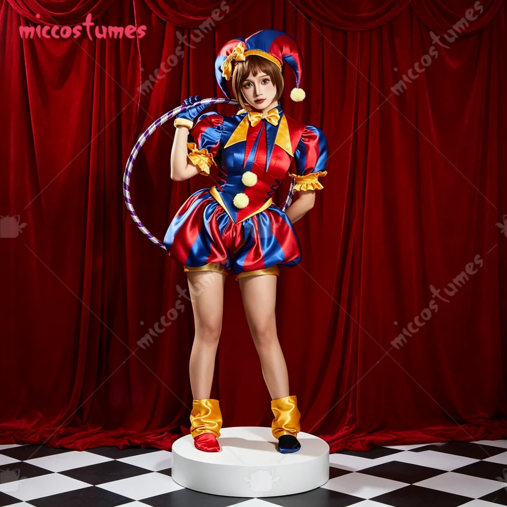 【Ready for Ship】Cosplay.fm Women's Clown Cosplay Costume for Halloween Blue Red Jumpsuit and Hat with Gloves and Socks