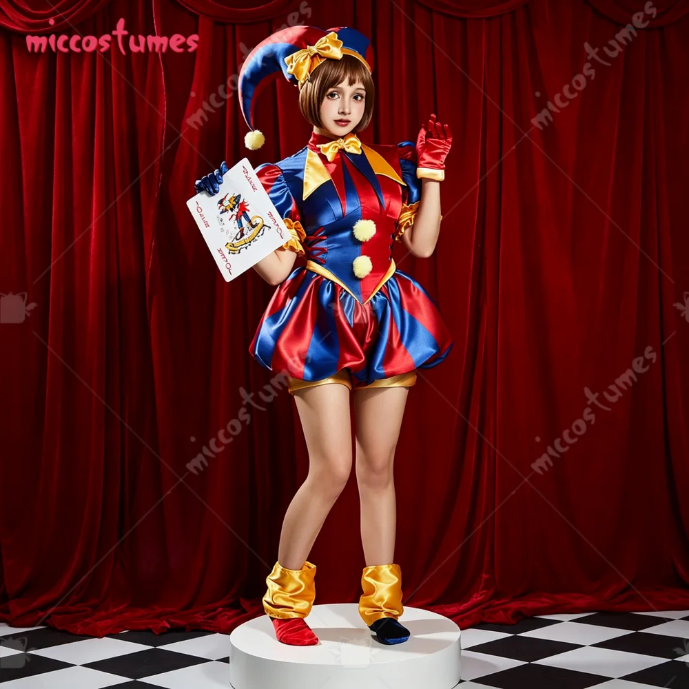 【Ready for Ship】Cosplay.fm Women's Clown Cosplay Costume for Halloween Blue Red Jumpsuit and Hat with Gloves and Socks