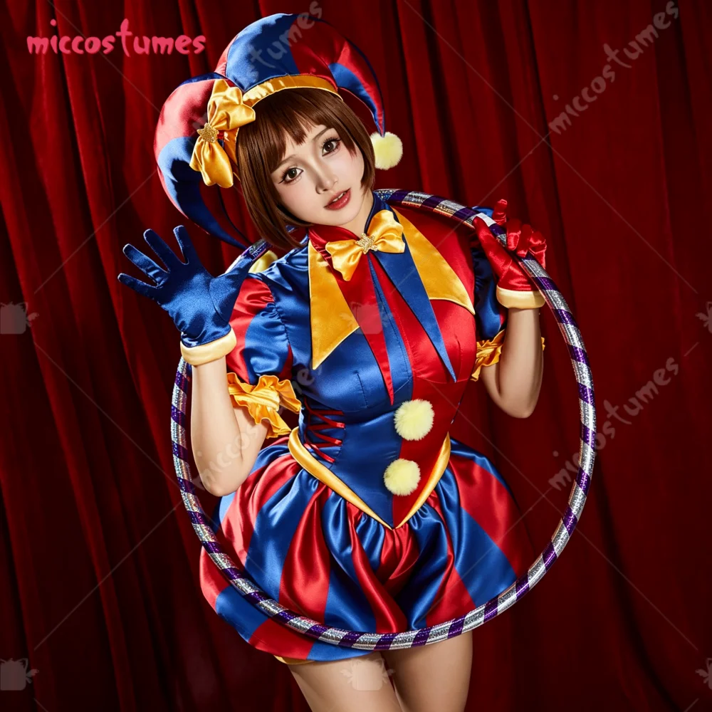 【Ready for Ship】Cosplay.fm Women's Clown Cosplay Costume for Halloween Blue Red Jumpsuit and Hat with Gloves and Socks