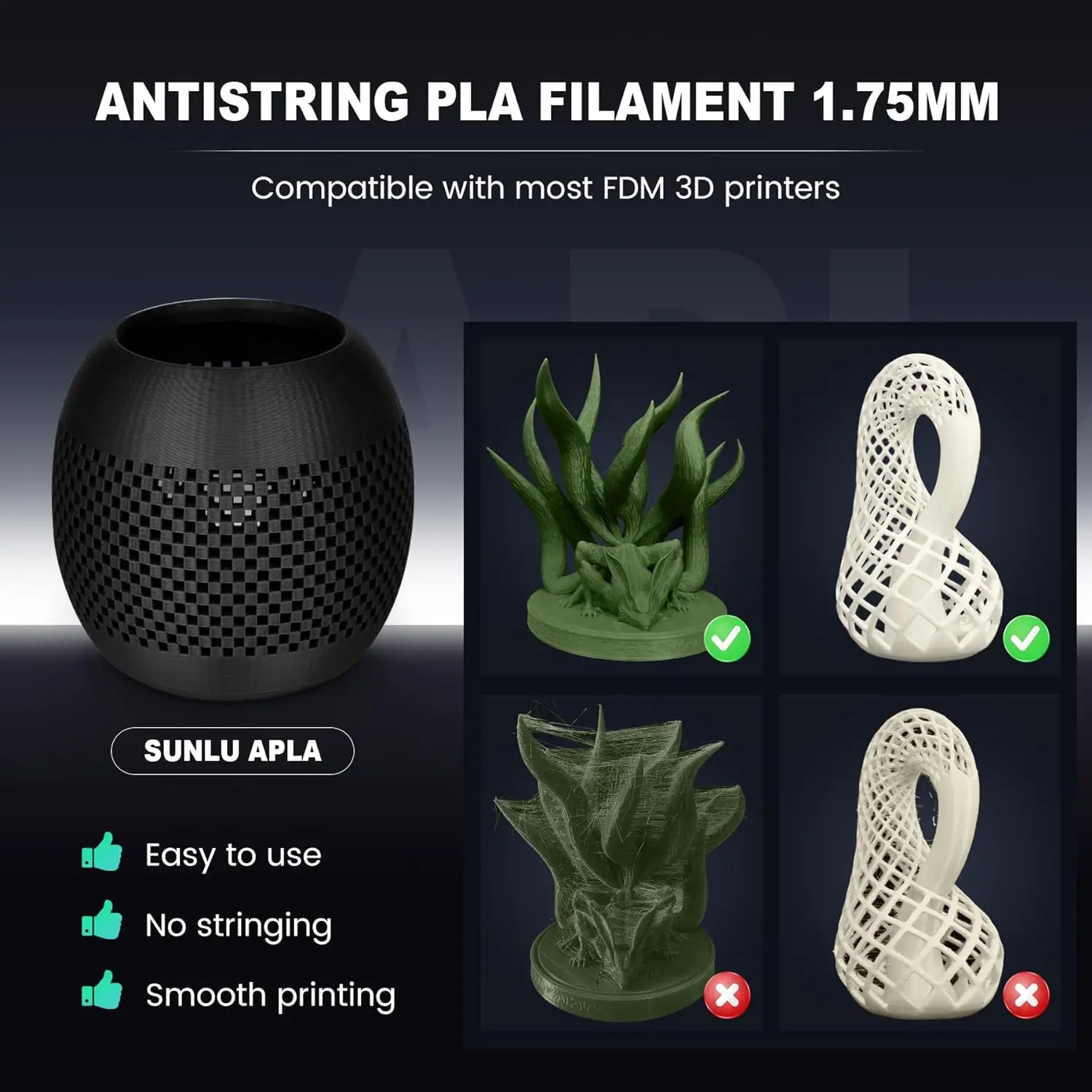 SUNLU 5KG PLA Plus/Clear/AntiString Filament 1.75mm 1kg Spool (2.2lbs) Neatly Wound Filament Fit Most FDM Printer