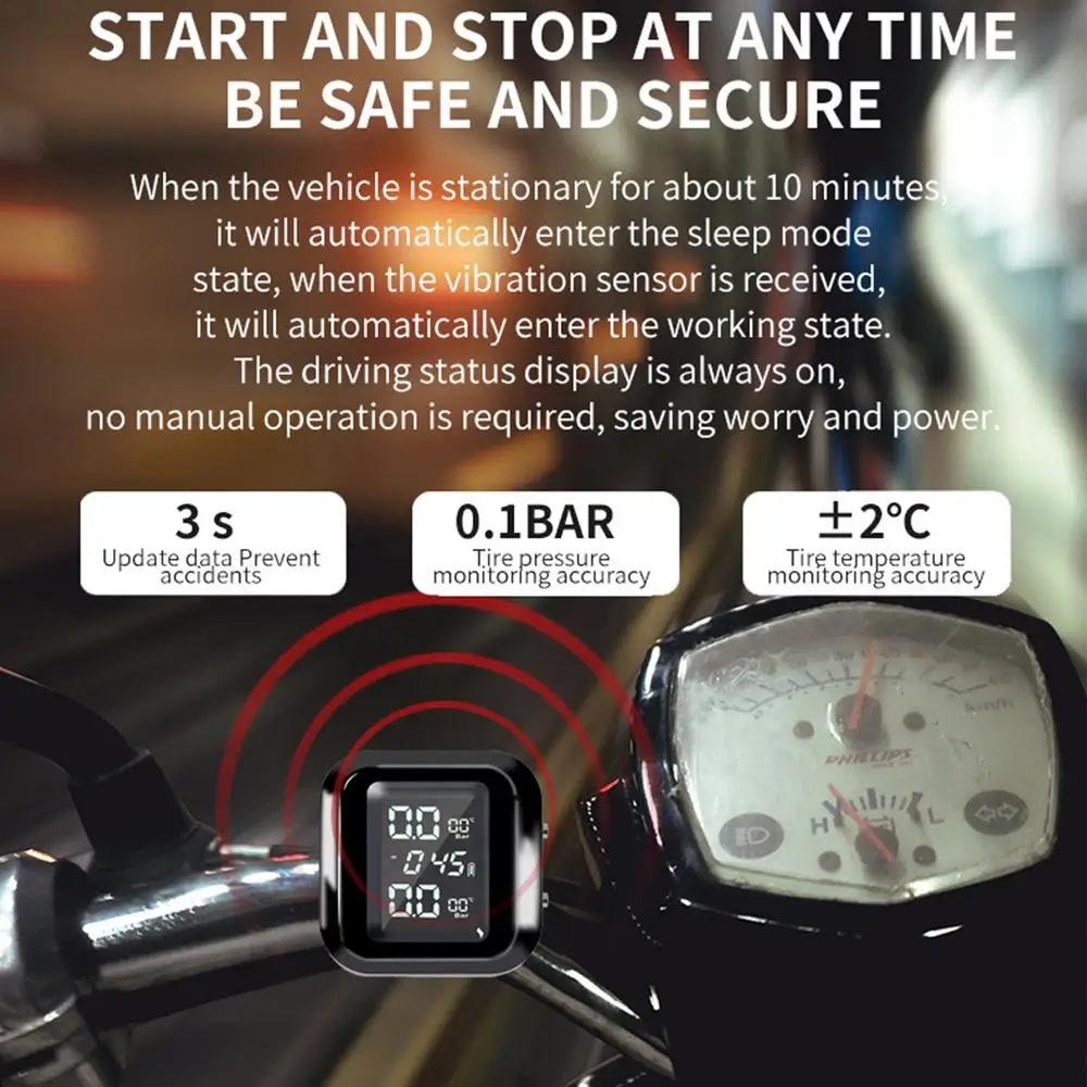 Tire Pressure Monitor Waterproof Motorcycle TPMS System High Precision LCD Display Real-time Monitoring Motorcycle Accessories