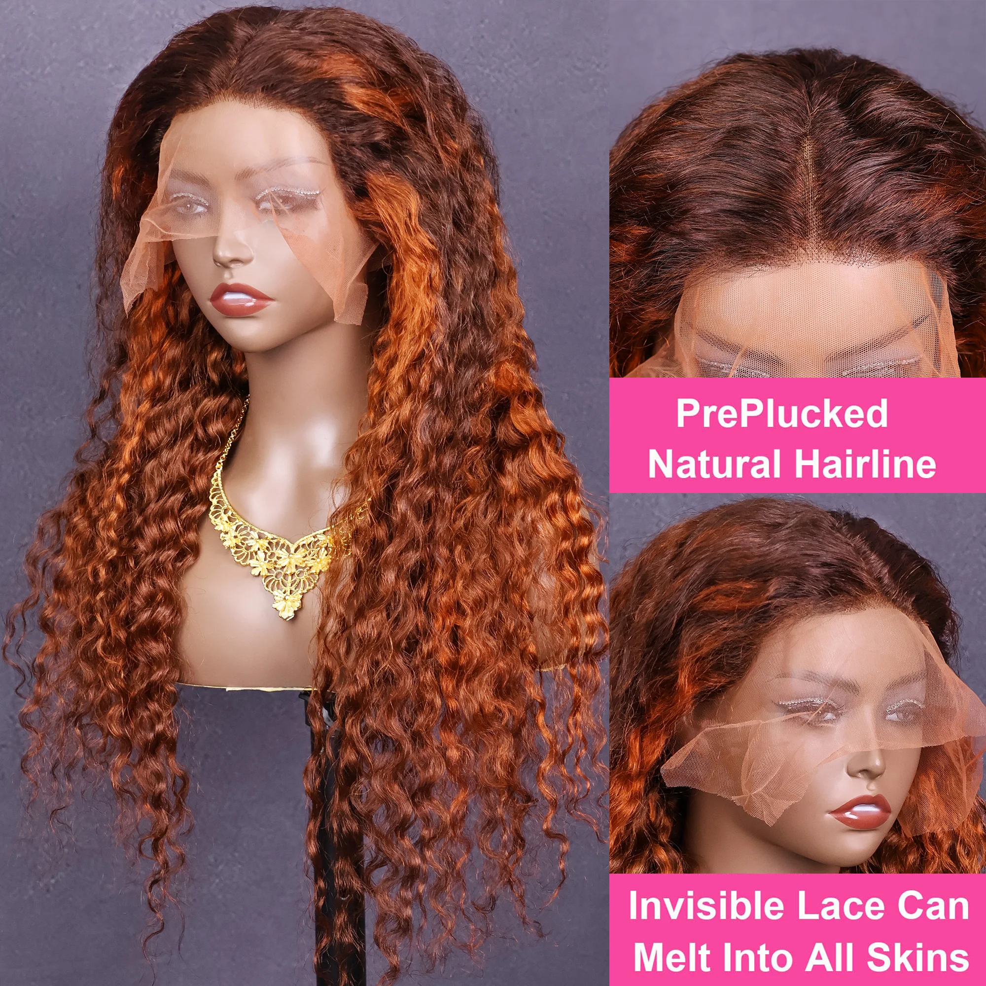 4/350 Highlight Water Wave 13x6 HD Lace Frontal Wigs 200% Ombre Ginger Human Hair Wig Color Deep Curly Wigs 13x4 Lace Front Hair