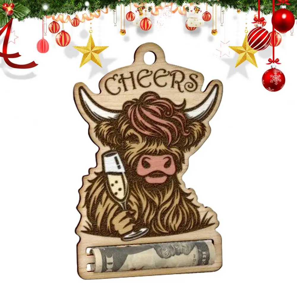 Money Holder Christmas Tree Ornament Highland Cattle Christmas Money Holders For Cash Wooden Christmas Tree Wallet Ornament