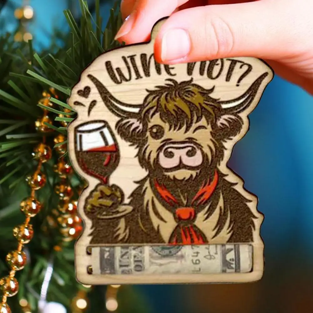 Money Holder Christmas Tree Ornament Highland Cattle Christmas Money Holders For Cash Wooden Christmas Tree Wallet Ornament
