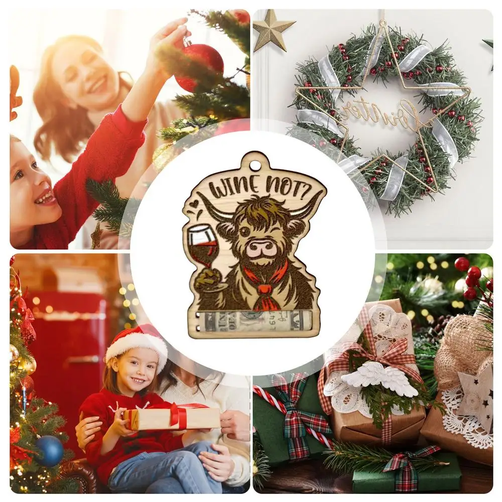Money Holder Christmas Tree Ornament Highland Cattle Christmas Money Holders For Cash Wooden Christmas Tree Wallet Ornament