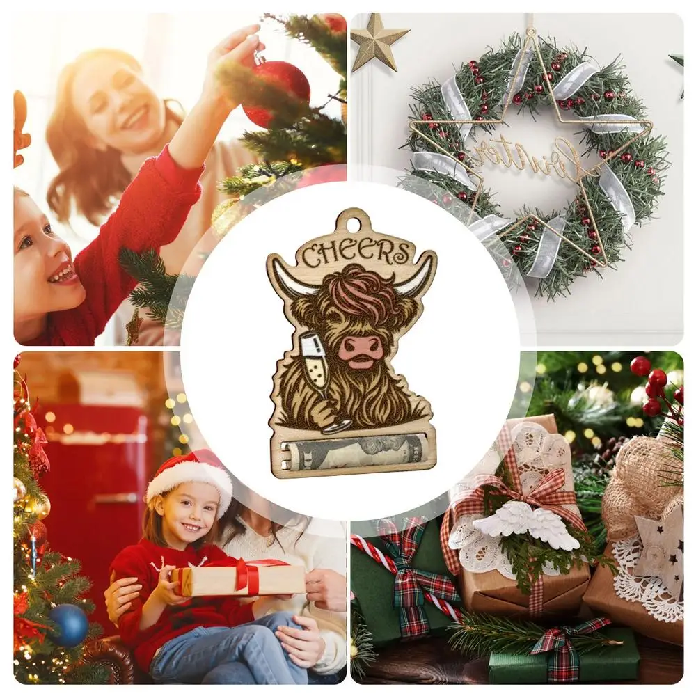 Money Holder Christmas Tree Ornament Highland Cattle Christmas Money Holders For Cash Wooden Christmas Tree Wallet Ornament