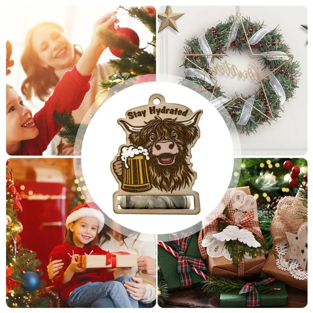 Money Holder Christmas Tree Ornament Highland Cattle Christmas Money Holders For Cash Wooden Christmas Tree Wallet Ornament