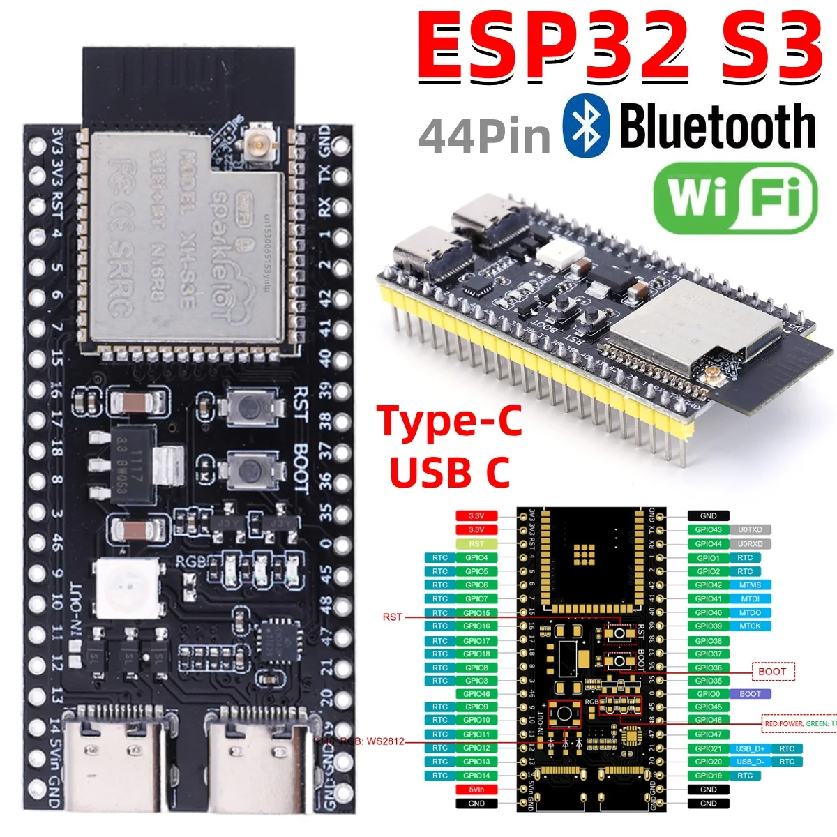 ESP32-S3-DevKitC-1 Bluetooth 2.4G Wifi Module Development Board for Arduino 16MB FLASH 8MB PSRAM 44Pin Dual Type-C N8R2 N16R8