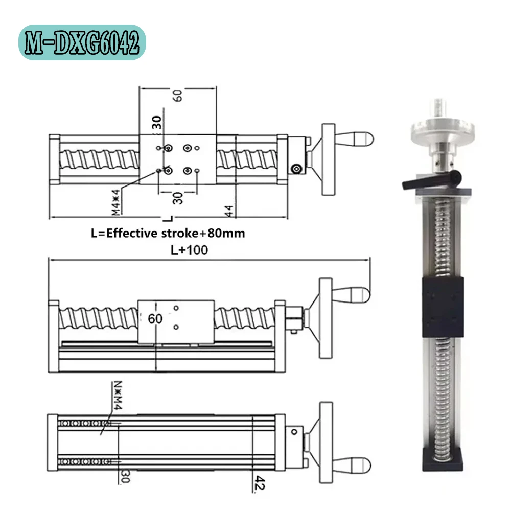 100mm-300mm Stroke SFU1605 C7 Ballscrew Manual Linear Actuator Sliding Table Stage Handwheel Linear Rail for CNC 3D Printer 60KG