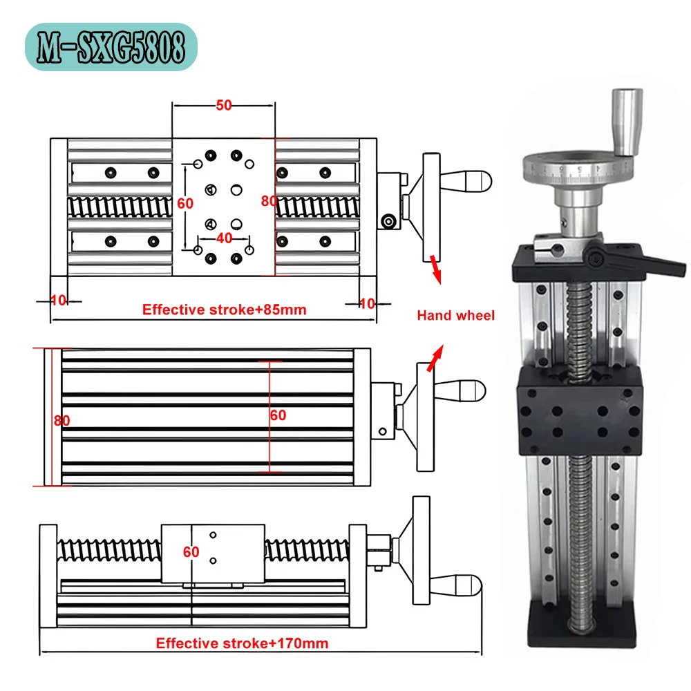 100mm-300mm Stroke SFU1605 C7 Ballscrew Manual Linear Actuator Sliding Table Stage Handwheel Linear Rail for CNC 3D Printer 60KG