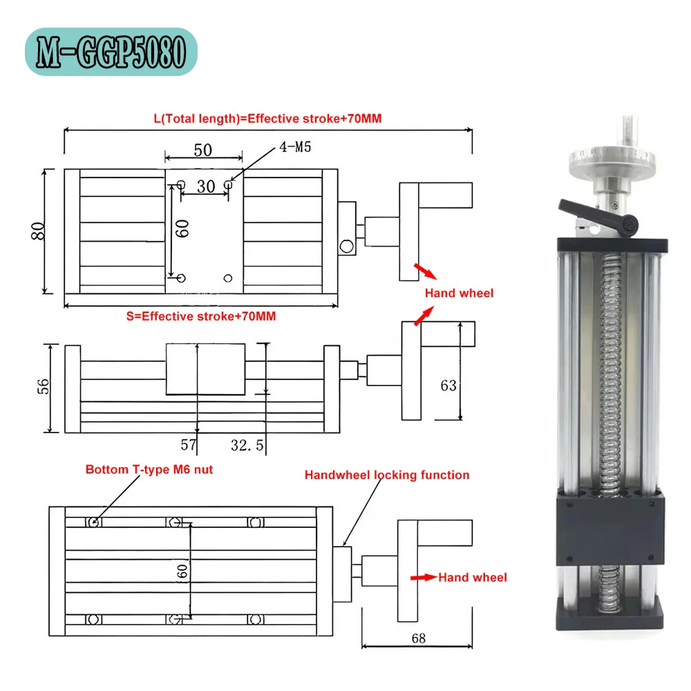 100mm-300mm Stroke SFU1605 C7 Ballscrew Manual Linear Actuator Sliding Table Stage Handwheel Linear Rail for CNC 3D Printer 60KG