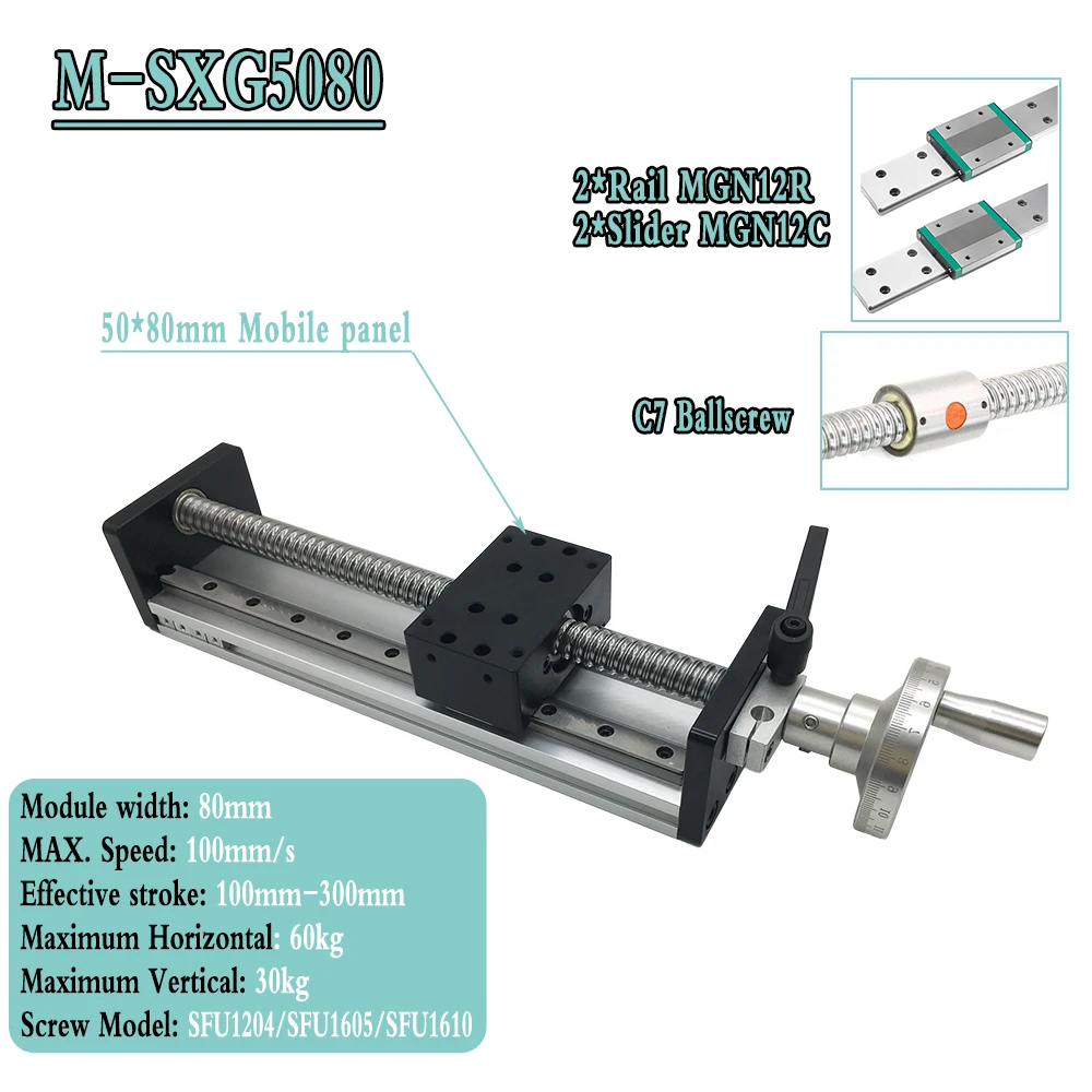100mm-300mm Stroke SFU1605 C7 Ballscrew Manual Linear Actuator Sliding Table Stage Handwheel Linear Rail for CNC 3D Printer 60KG