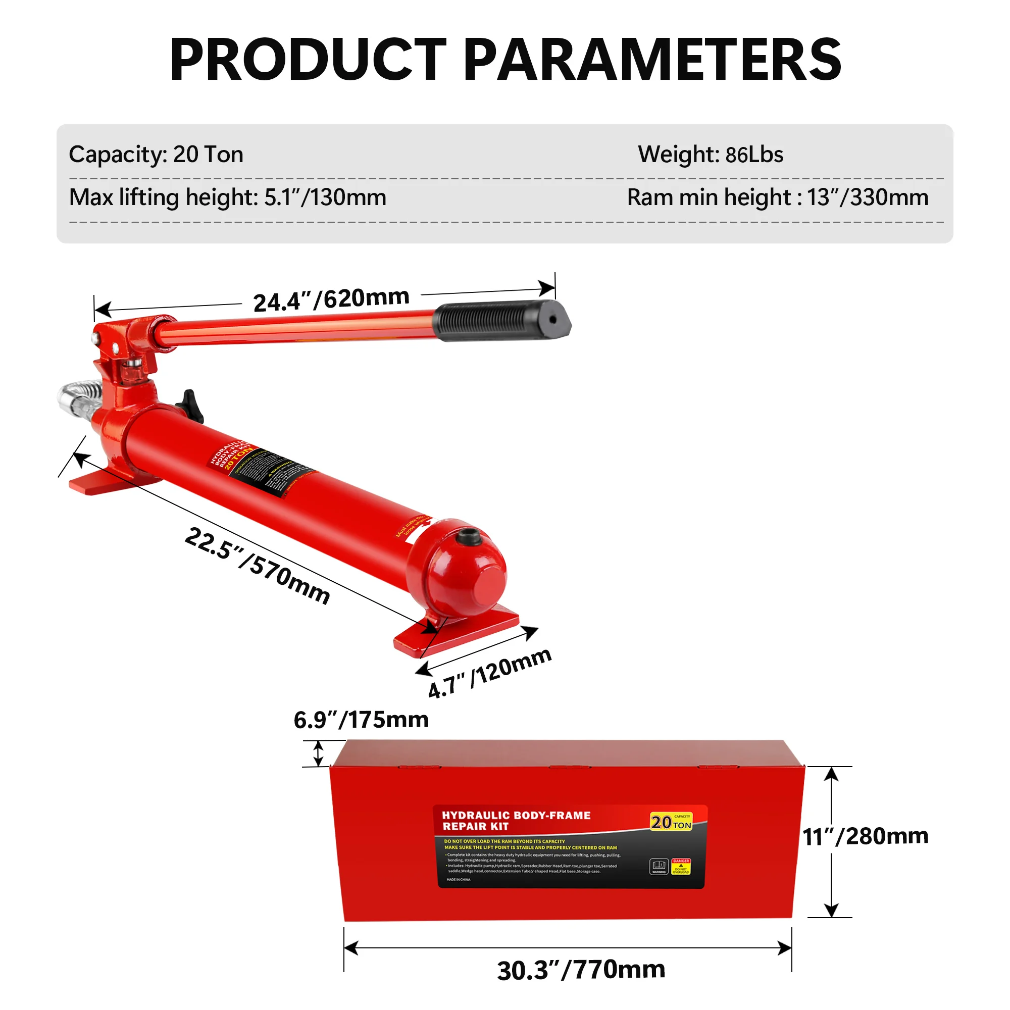 20 Ton Porta Power Kit, Portable Hydraulic Jack with 4.7 Ft/1.43 m Oil Hose, 44000 Lbs Capacity, Heavy Duty Hydraulic Jack, Port