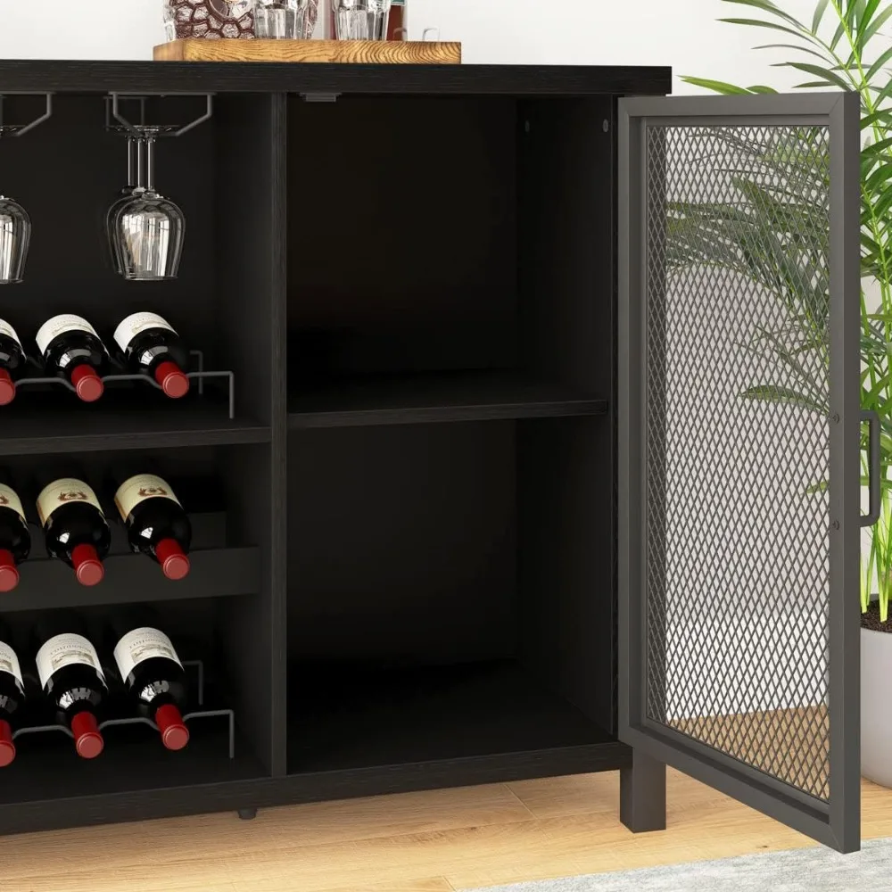 Black Coffee Bar and Liquor Cabinet With Wine Rack Storage, Industrial Kitchen Buffet for Home Living Dining Room, Black Oak, 5