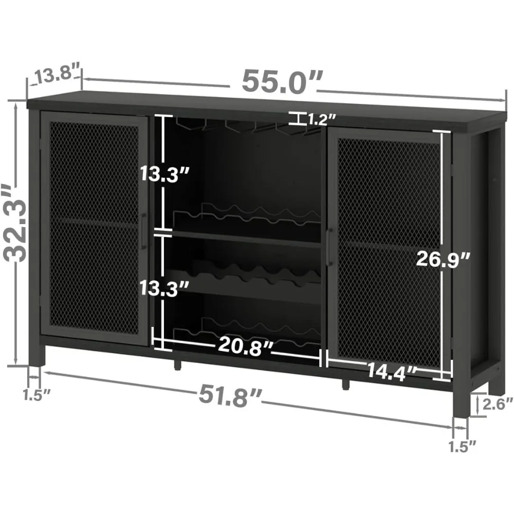 Black Coffee Bar and Liquor Cabinet With Wine Rack Storage, Industrial Kitchen Buffet for Home Living Dining Room, Black Oak, 5