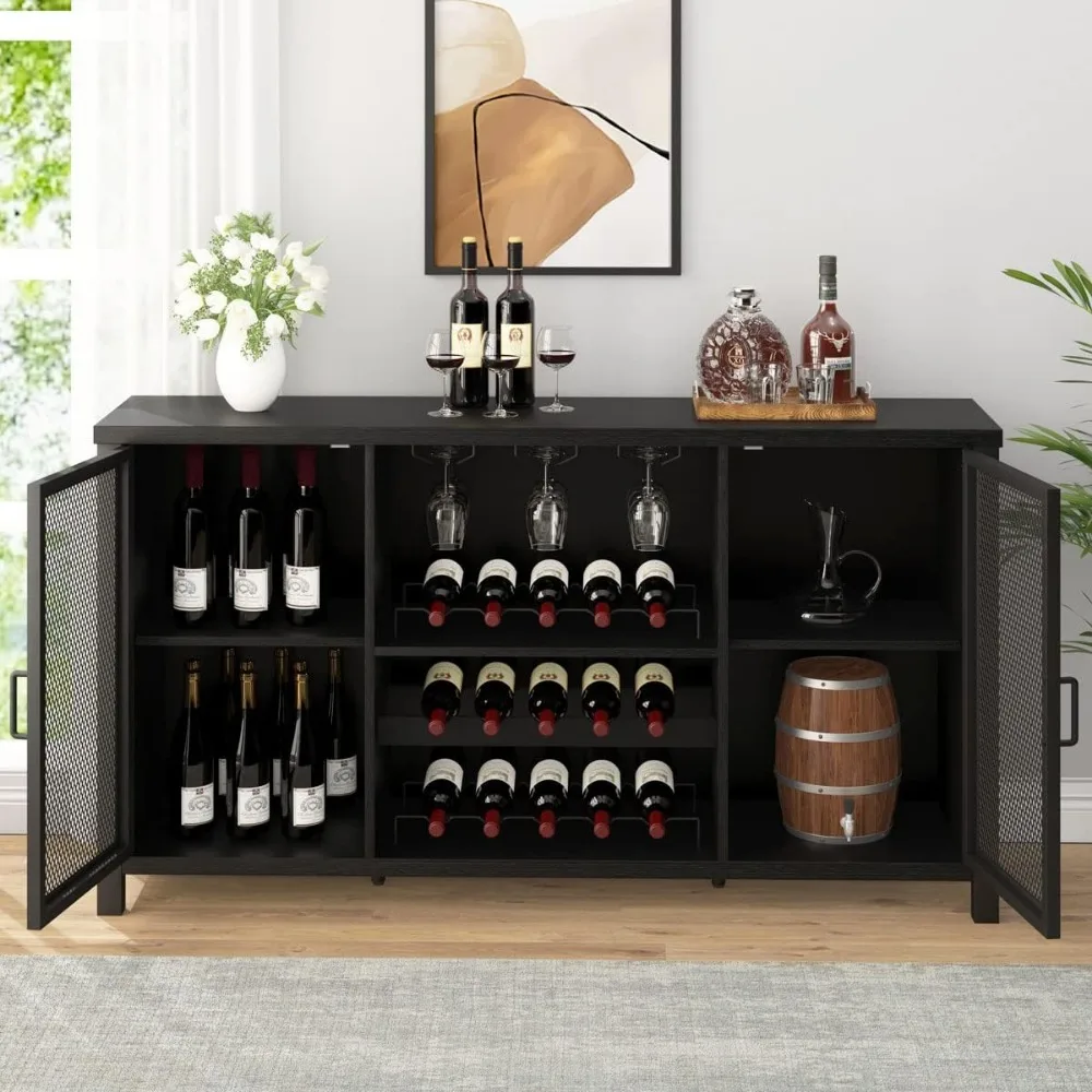 Black Coffee Bar and Liquor Cabinet With Wine Rack Storage, Industrial Kitchen Buffet for Home Living Dining Room, Black Oak, 5