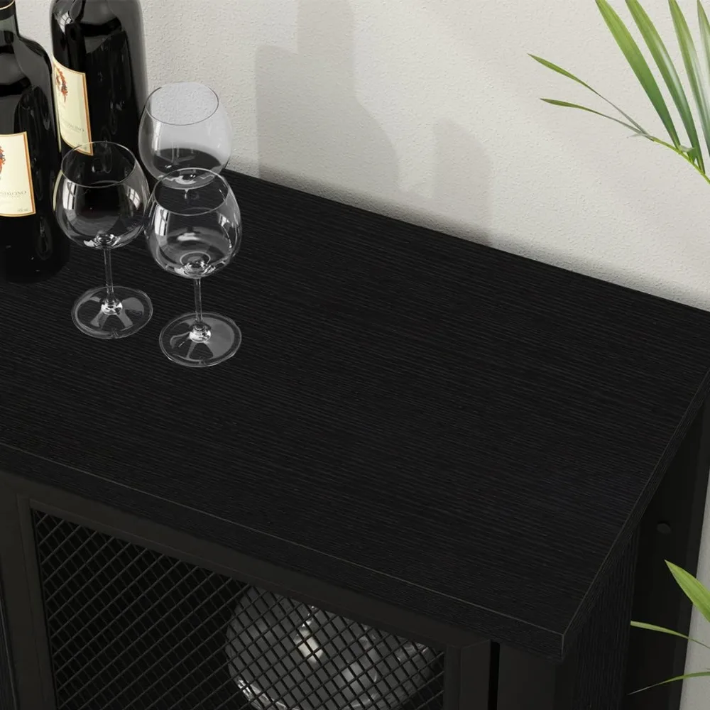 Black Coffee Bar and Liquor Cabinet With Wine Rack Storage, Industrial Kitchen Buffet for Home Living Dining Room, Black Oak, 5