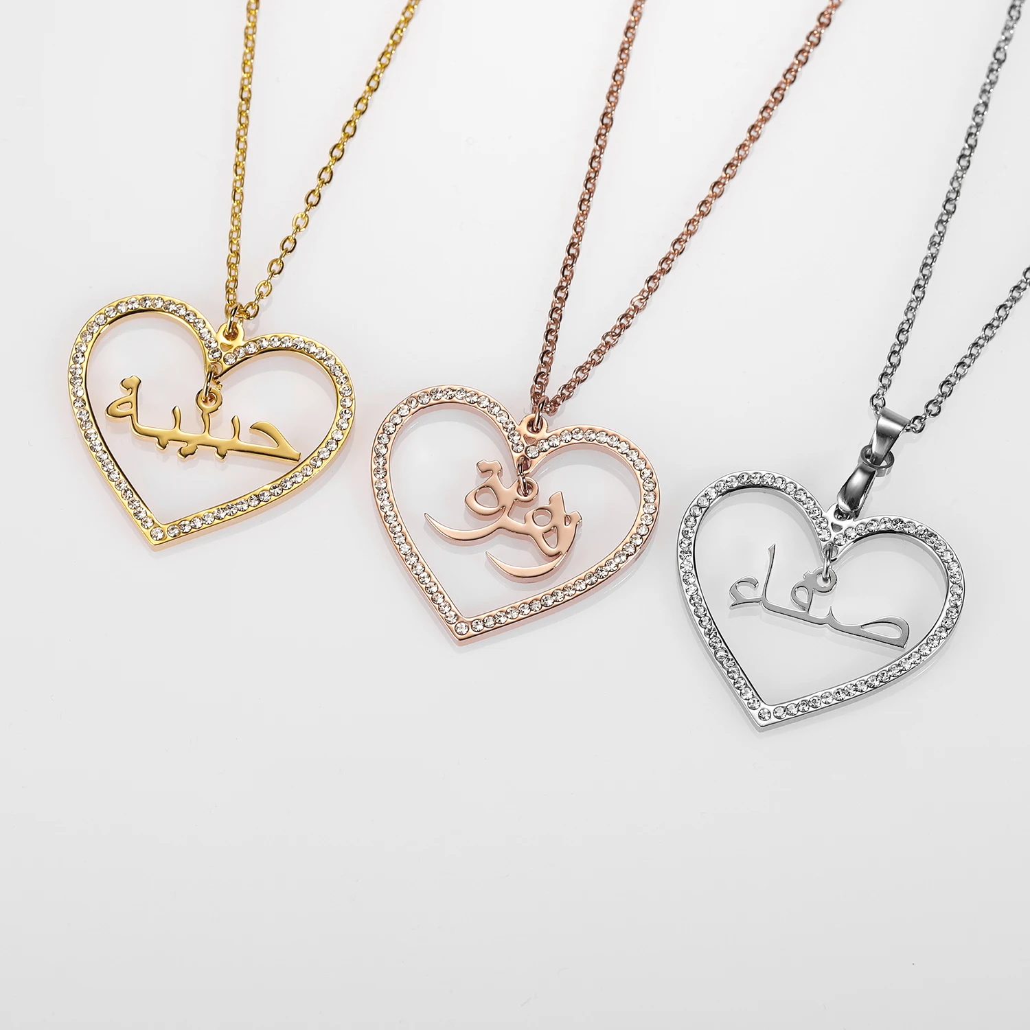 Custom Arabic Name Necklaces Love Heart Crystal Pendant For Women Personalized Gold Chain Islamic Jewelry Birthday Gift